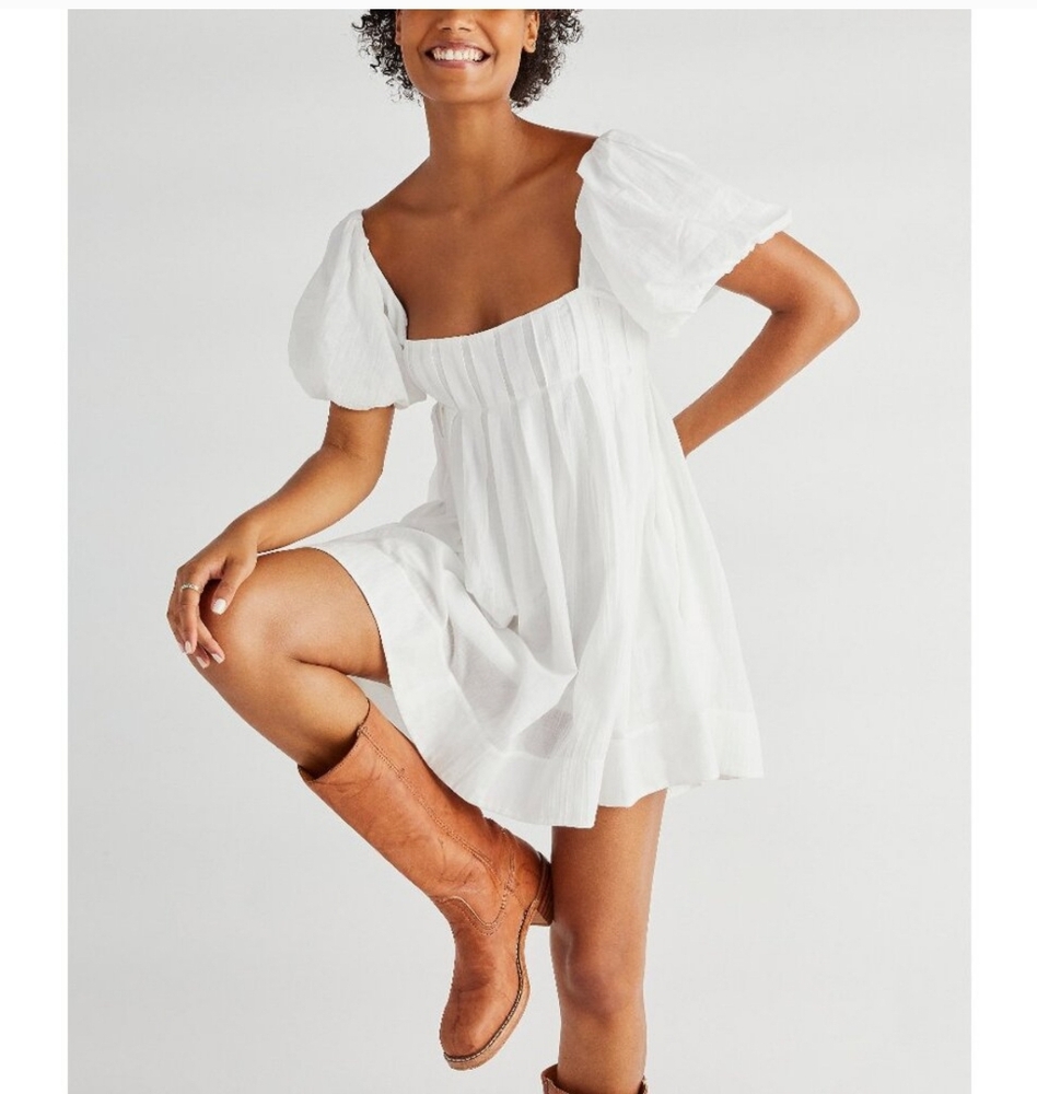 NEW FREE PEOPLE  Off White Mini Puff Sleeve Dress SZ XL - Picture 5 of 10